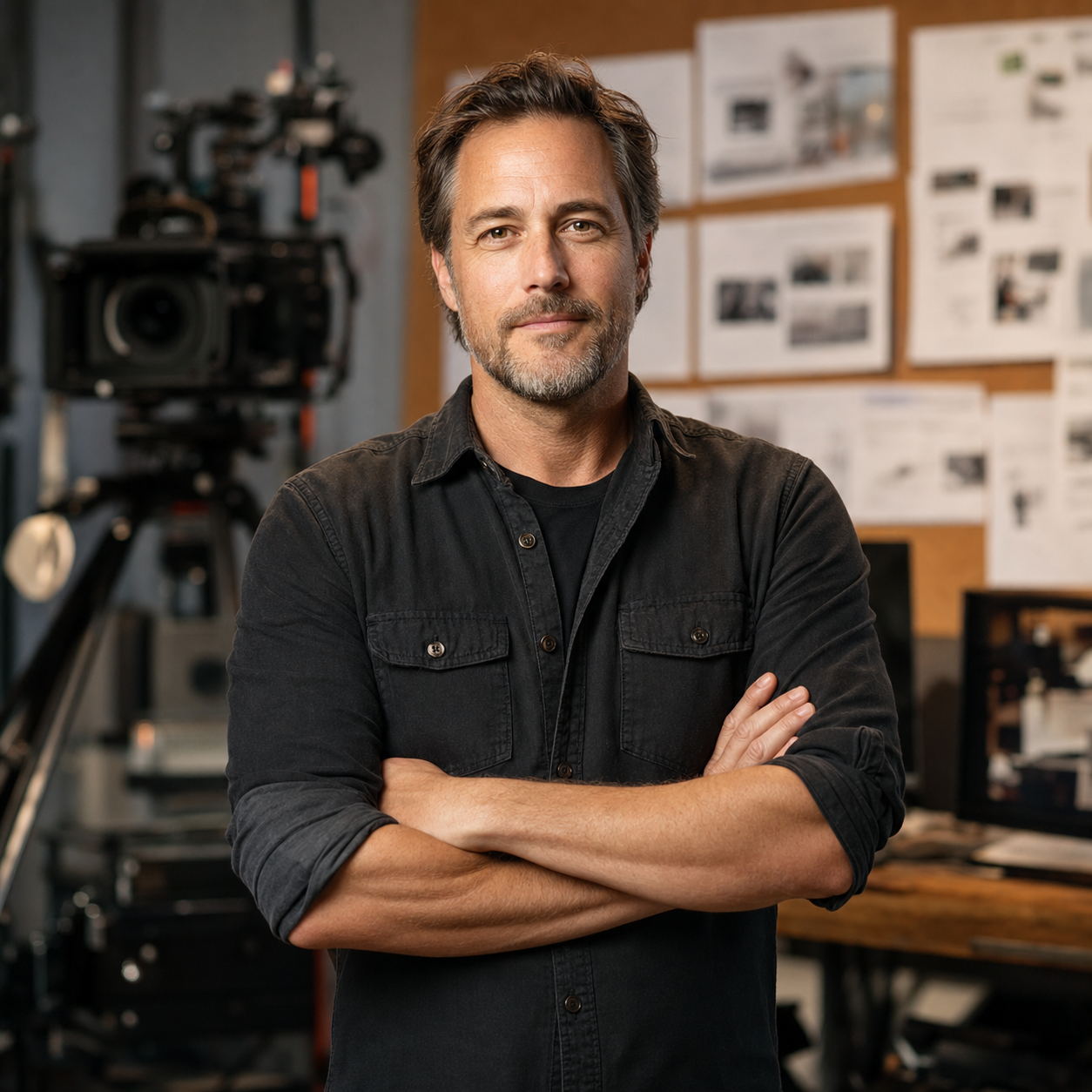 Maxime Girard, réalisateur, dans son studio entouré de matériel caméra et de pages de scénario épinglées à Tarbes
