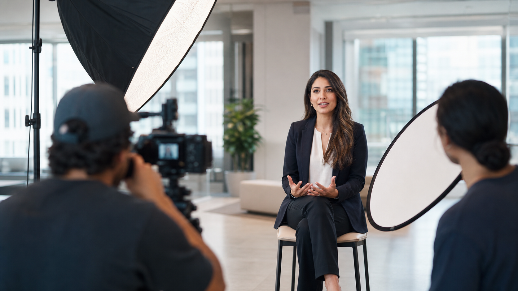 Tournage d'une vidéo corporate en entreprise avec interview filmée et éclairage studio