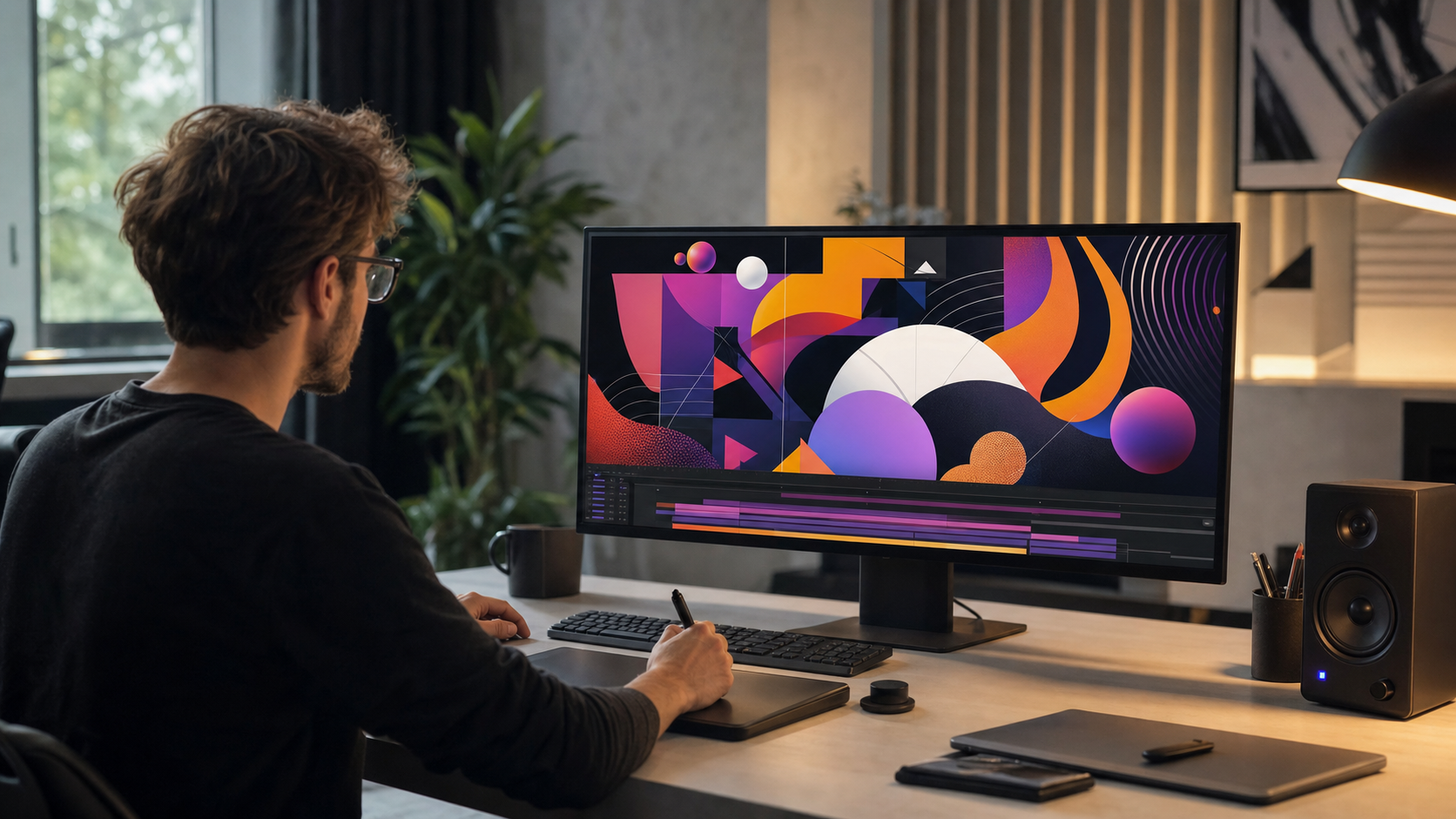 Motion designer animant des titrages et incrustations graphiques sur un poste de montage